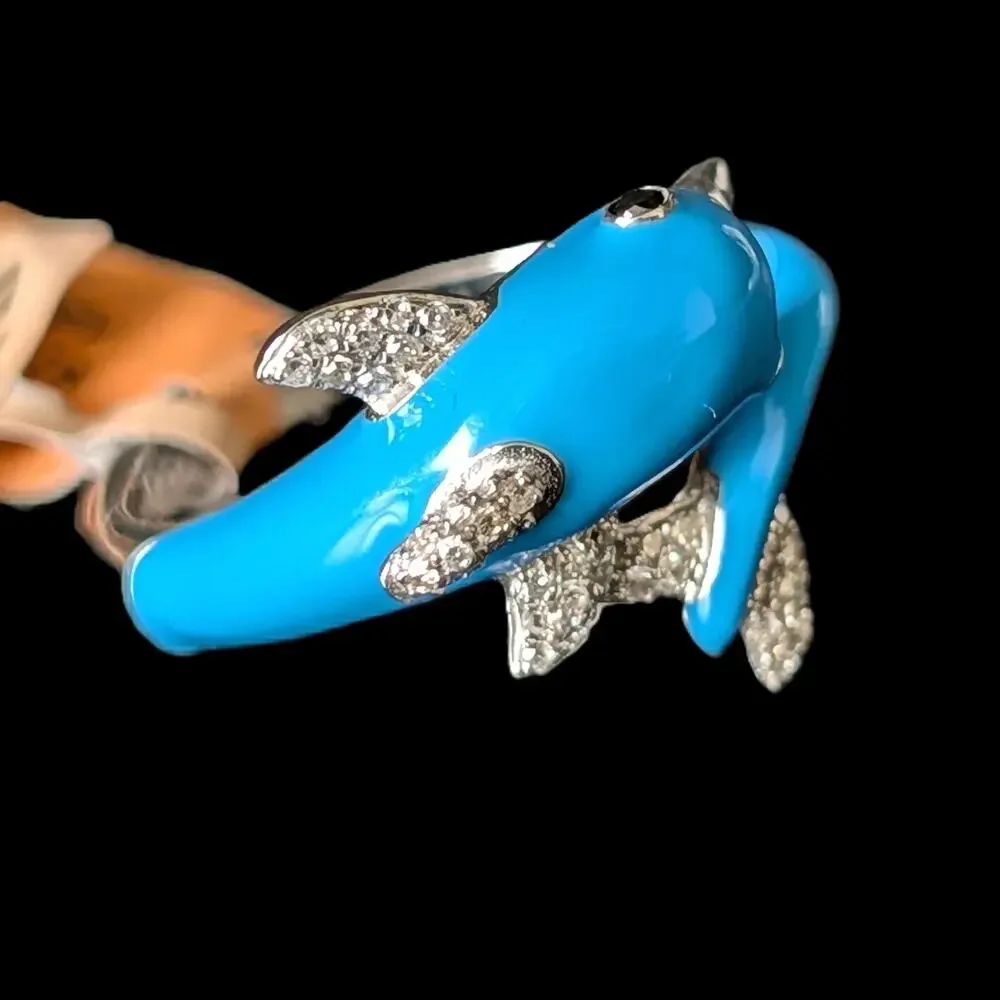 EFFY Dolphin Wrap Ring Diamonds Blue Enamel 14k White Gold New Old Stock